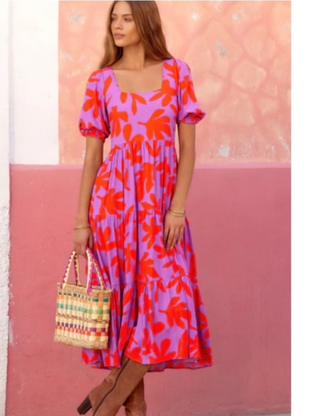 Mister Zimi Midi Dress in Pink with Red Floral Print